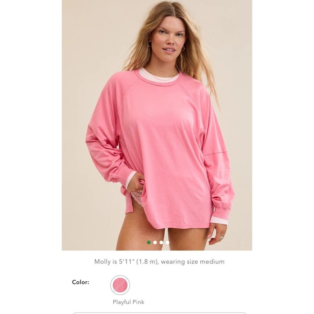 NWT AERIE COZY LONG SLEEVE OVERSIZED BOYFRIEND T-SHIRT SMALL PLAYFUL PINK